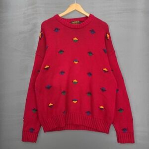 Vintage Eddie Bauer Sweater Red Diamond Intarsia Knit 90s Chunky Cotton XL